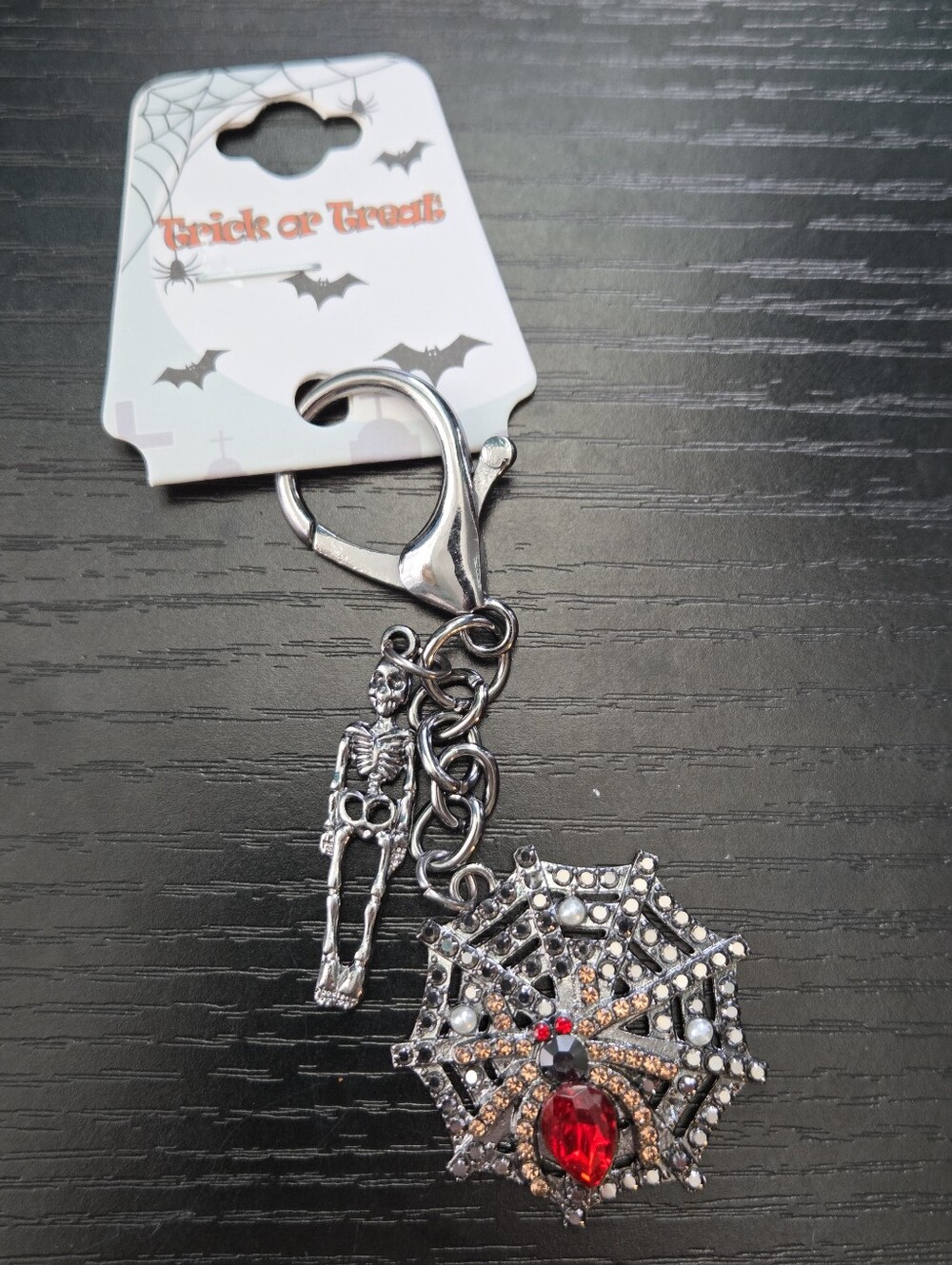 Halloween Spider Web Keychain with Red Gem Accent